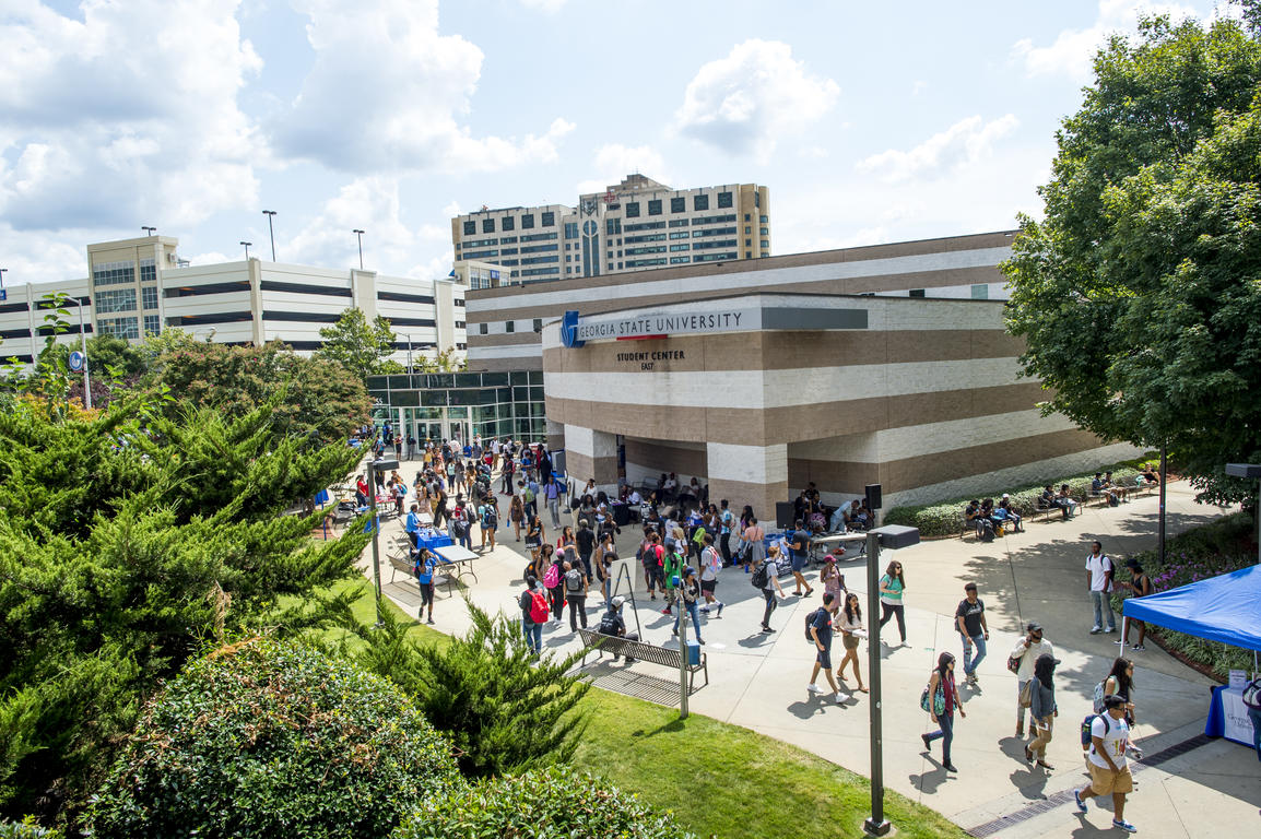 Students walking by student center