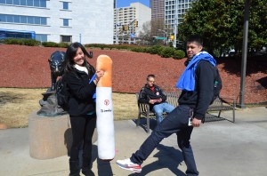 The Tobacco Task Force is encouraging students like Priscilla Do and Johnny Nguyen, pictured, to "kick butts" on campus.