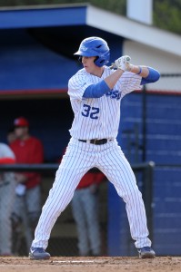 Chase Raffield digs in during a game earlier this season. The red- shirt junior says the team plays “Two Ball” and “Speed Ball” while waiting for the clouds to clear. Photo courtesy of Georgia State Athletics.