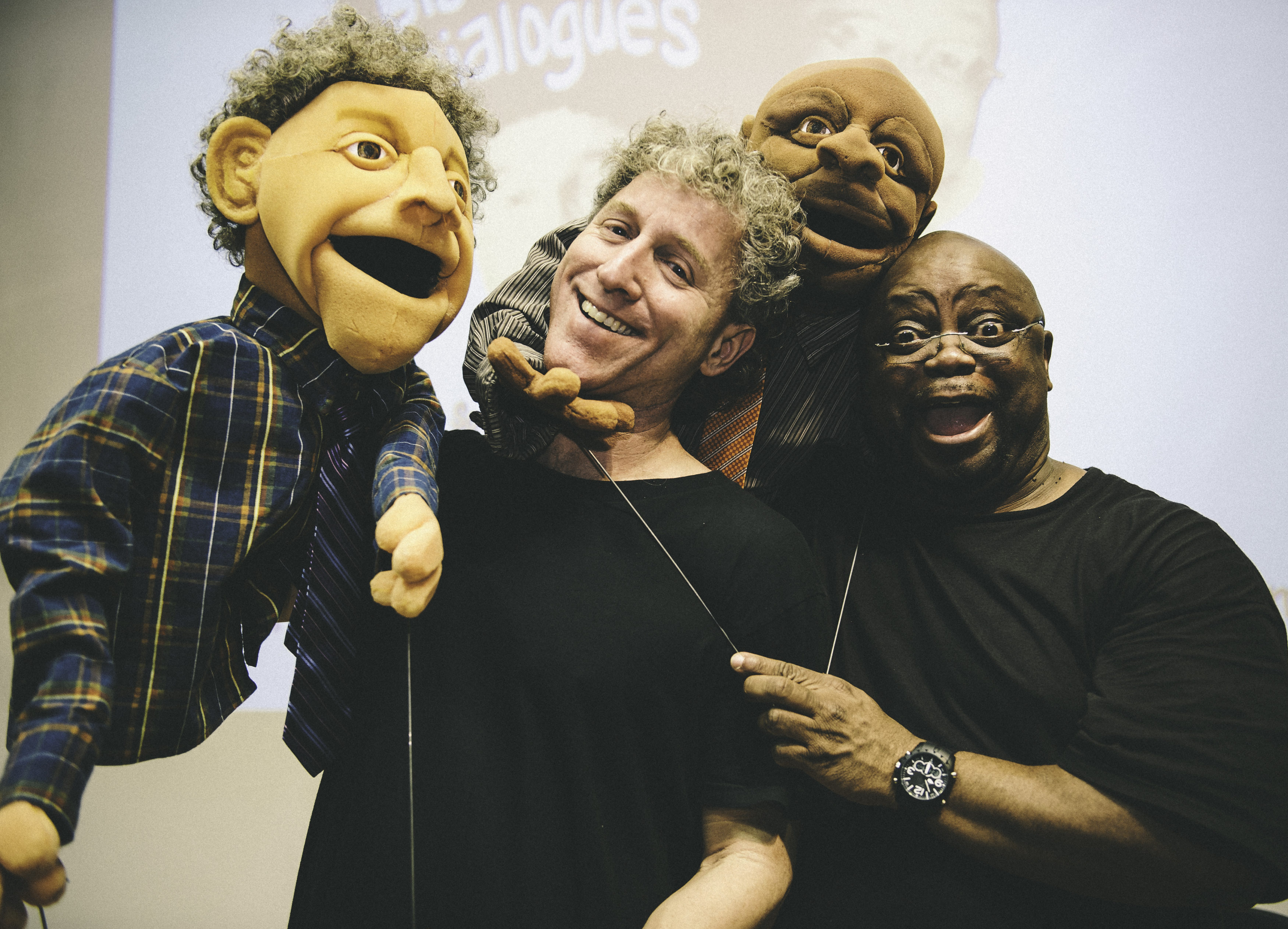 Larry Jay Tish and Ron Jones of The Black-Jew Dialogues with puppets color.Photo by Brian Batista Bettencourt