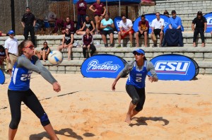 Katie Madewell recieves a shot during the Georgia State Sand Invitational on April 7. Madewell and teammate Lane Carico (No. 2), won the Gold Bracket of the event. Rhett Lewis | THE SIGNAL