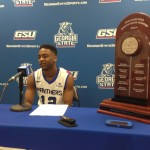 Photo Courtesy: Alec McQuade Devonta White discusses the emotions of Senior Day next to the Sun Belt trophy.