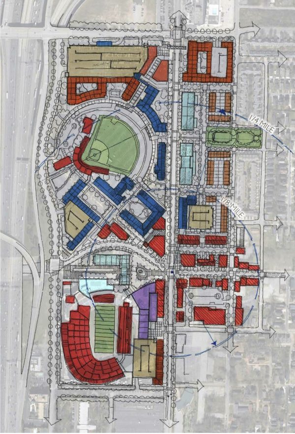 Photo Courtesy: Georgia State and Carter The Plan's land use analysis. Blue indicates student housing, orange is market housing, yellow is town homes, blue is academic buildings, red is retail, purple is hotel, and green is athletic use. 