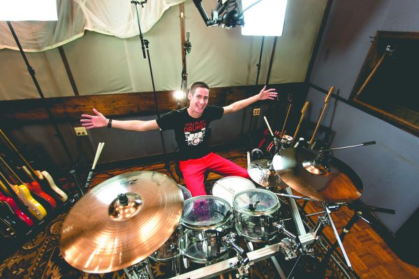 Casey Cooper, GSU Marching Band member gaining notriety online, shows off his drum set.  Courtesy of Zach Sturino  