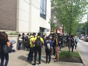 Students gathered outside the Natural Science Center after having to evacuate the building due to the campus power outage and fire alarm. | Photo by Ruth Pannill, The Signal