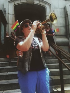 Lisa Pellegrino, supporter of Gay Rights, rejoices at the Fulton County Court House after the Supreme Court ruling, making same-sex marriage legal nationwide. Photo by Brittany Guerin | The Signal