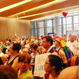 On June 26, 2015 people of Atlanta rally to celebrate the legalization of Same Sex Marriage at the National Center for Civil and Human Rights.  Photo by Brittany Guerin | The Signal