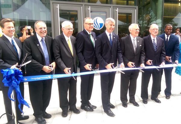 From left to right: Dean of Law Steven Kaminshine, Chief Justice Hugh P. Thompson, Lt. Gov. Casey Cagle, University President Mark Becker, Gov. Nathan Deal, USG Board of Regents Chancellor Hank Huckaby, Atlanta Mayor Kasim Reed Photo by Sean Keenan | The Signal