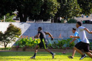 Park goers enjoy a game of football in Hurt Park.  Photo by: Dayne Francis 