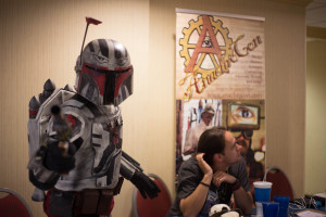 Treklanta visitor shows off his Boba Fett costume at DoubleTree Hotel, April 16, 2016. Photo by Dayne Francis | The Signal