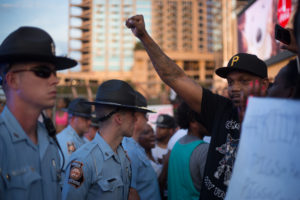 Atlanta protests were met by Georgia State Patrol when they attempted to march onto downtown connector. July 8, 2016. Photo by Dayne Francis | The Signal 