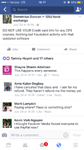 Facebook posts of Georgia State students warning other students to not use their credit card for CPS courses. Screenshots taken from Facebook. 