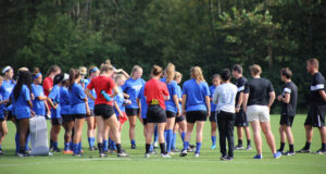 The Georgia State women’s soccer team huddle together during a team practice.  Signal Archive  