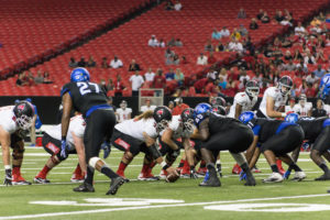 Georgia State defense lines up against Ball State on Sept. 2 in the Georgia Dome. Photo by Dayne Francis | The Signal