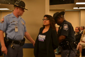 Sen. Moreno gets arrested for denying to sit down during the BOR hearing. Photo by: Christina Maxouris | The Signal 