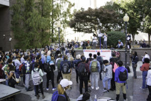 USAS stage a protest in Library Plaza to bring to students’ attention the purchasing of Turner Field will lead to gentrification. Photo by Jade Johnson | The Signal 