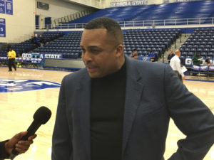 Coach Hunter speaks with the media after winning his 108th game at Georgia State. Photo By Rashad Milligan | The Signal
